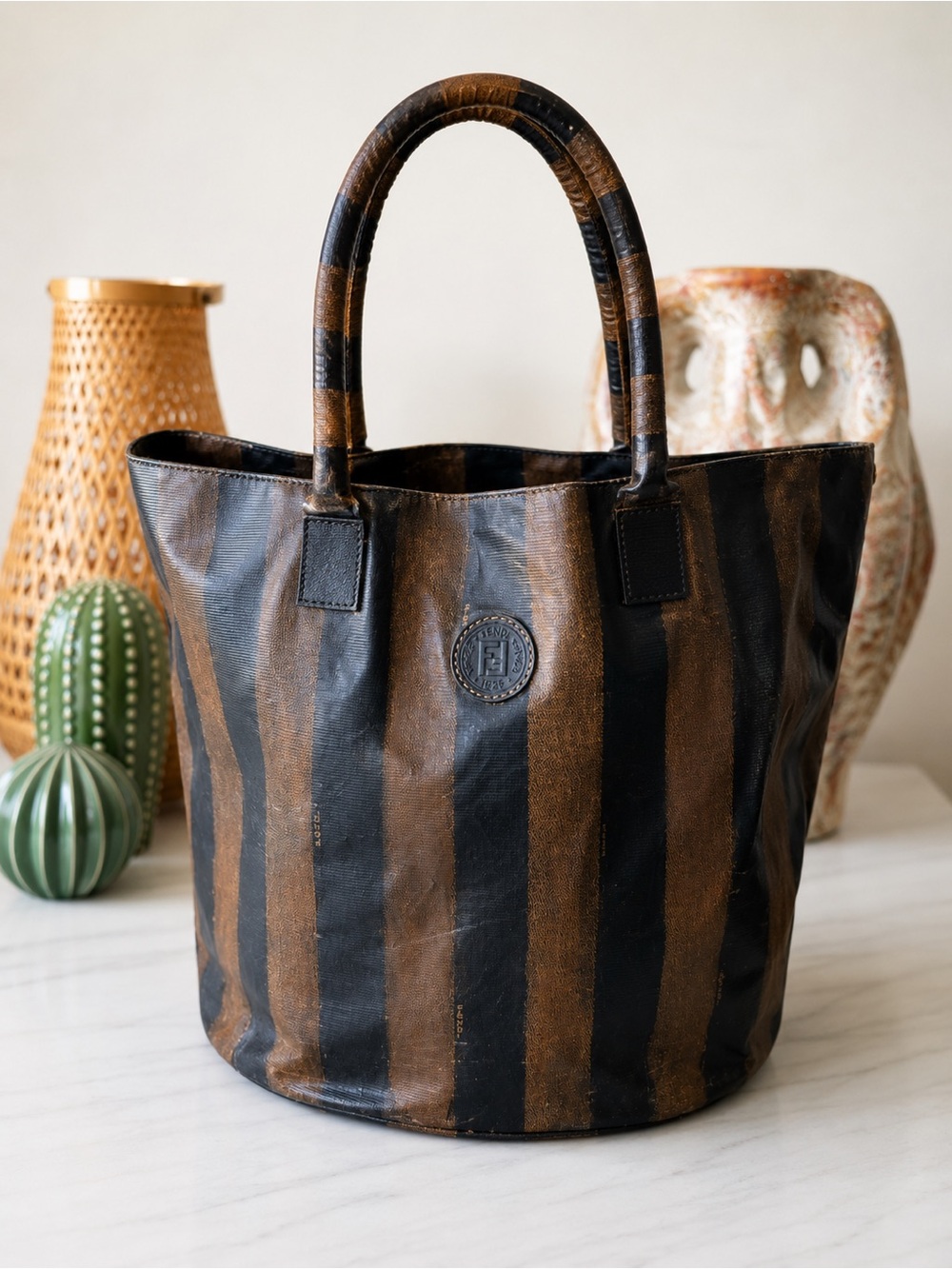 Authentic Vintage Fendi Pequin Striped Tote Bag Brown Black Coated Canvas Italy